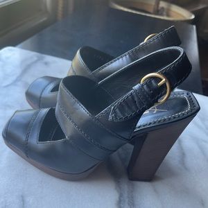 Vintage YSL black leather peep toe sling back heels 35.5